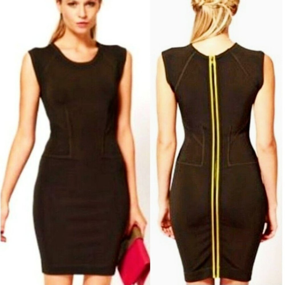 French Connection Women's T-Monique Stretch Cap Sleeve Dress Ebony/Soleil Size 8